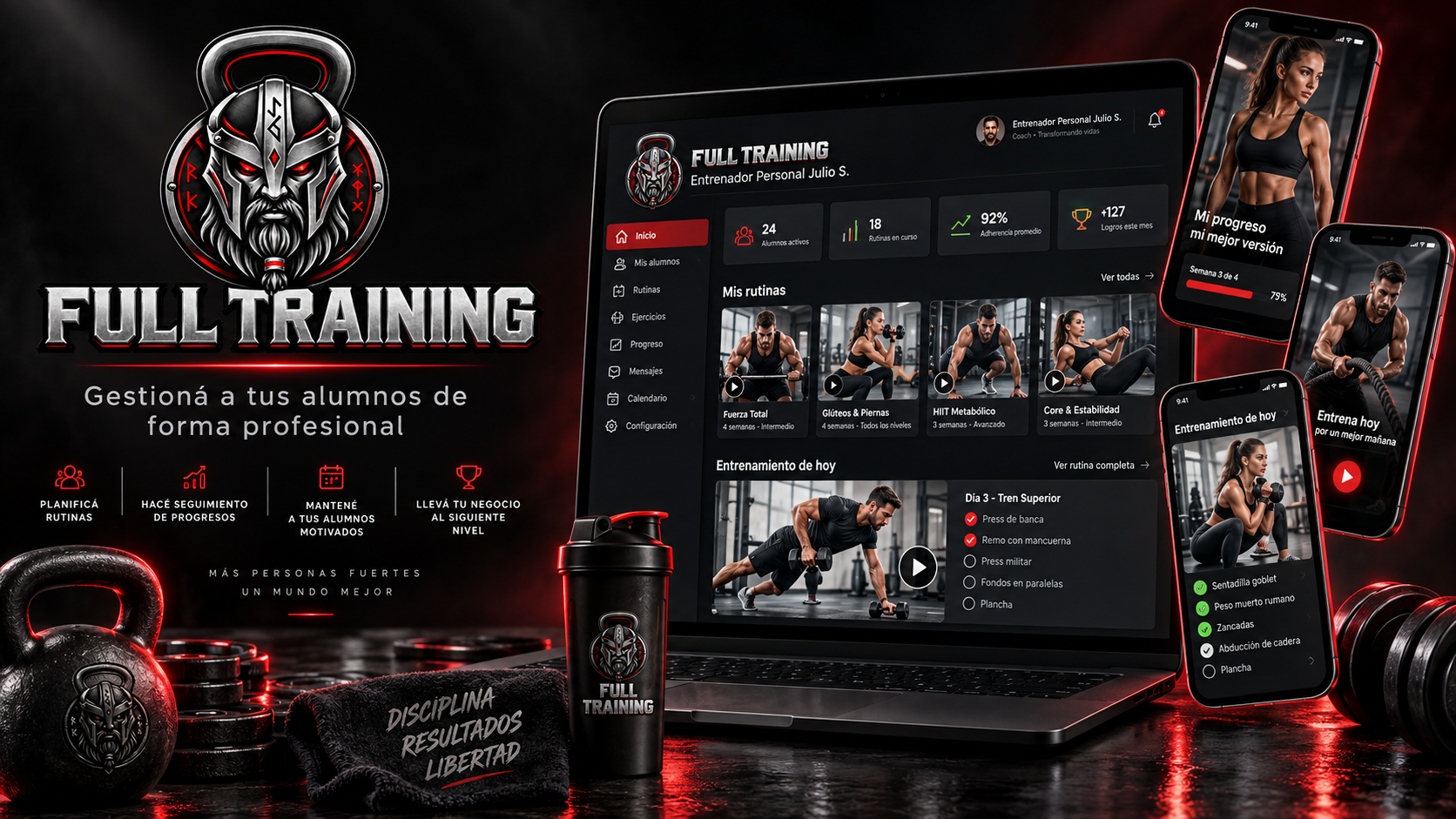 Panel de Full Training en computadora junto a la app en varios celulares