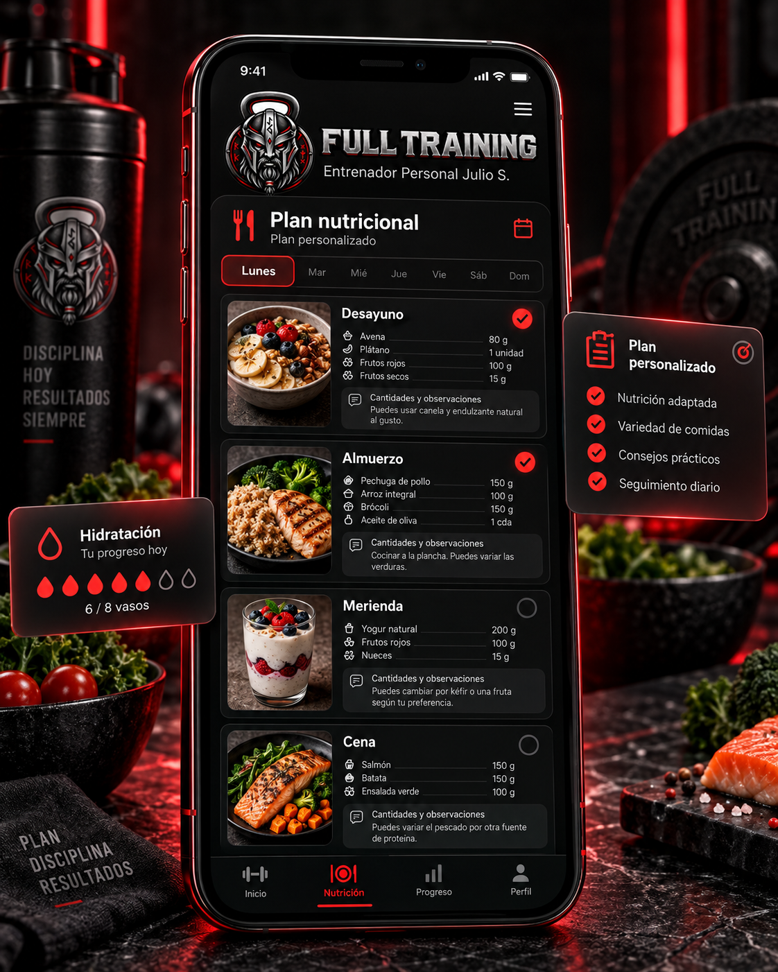 Vista del alumno con su plan nutricional en Full Training