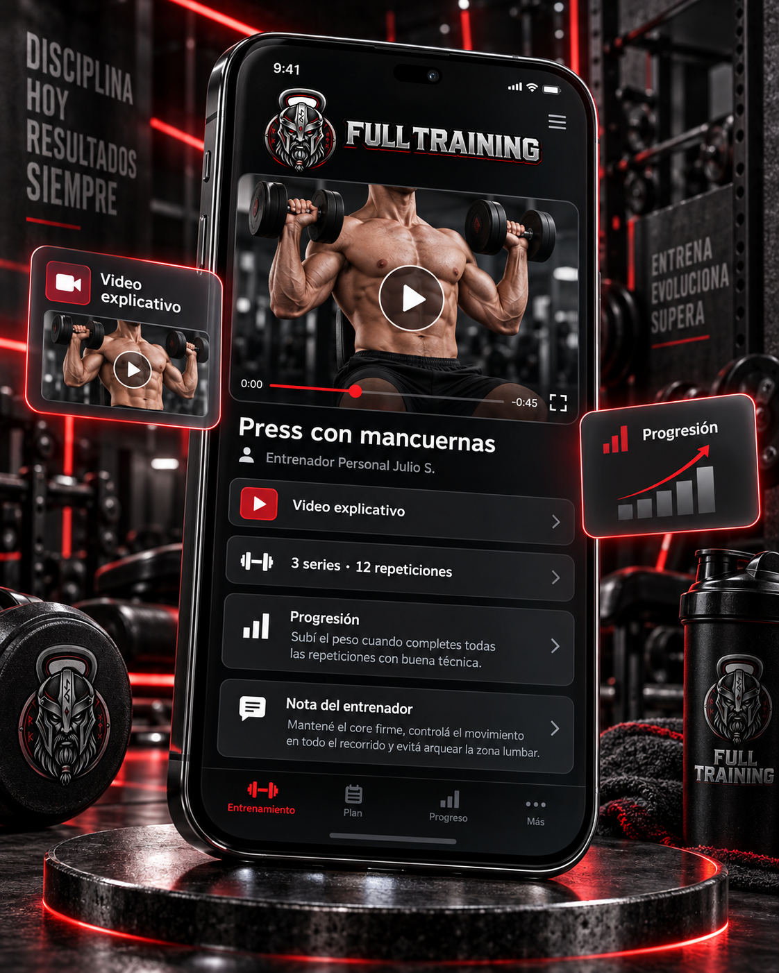 App de Full Training mostrando el nombre y logo del entrenador